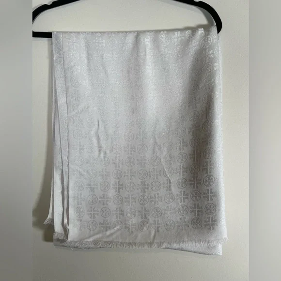 TORY BURCH Jacquard Traveler Scarf In New Ivory Logo Wool Silk Blend 30x76 Wrap - Picture 13 of 15